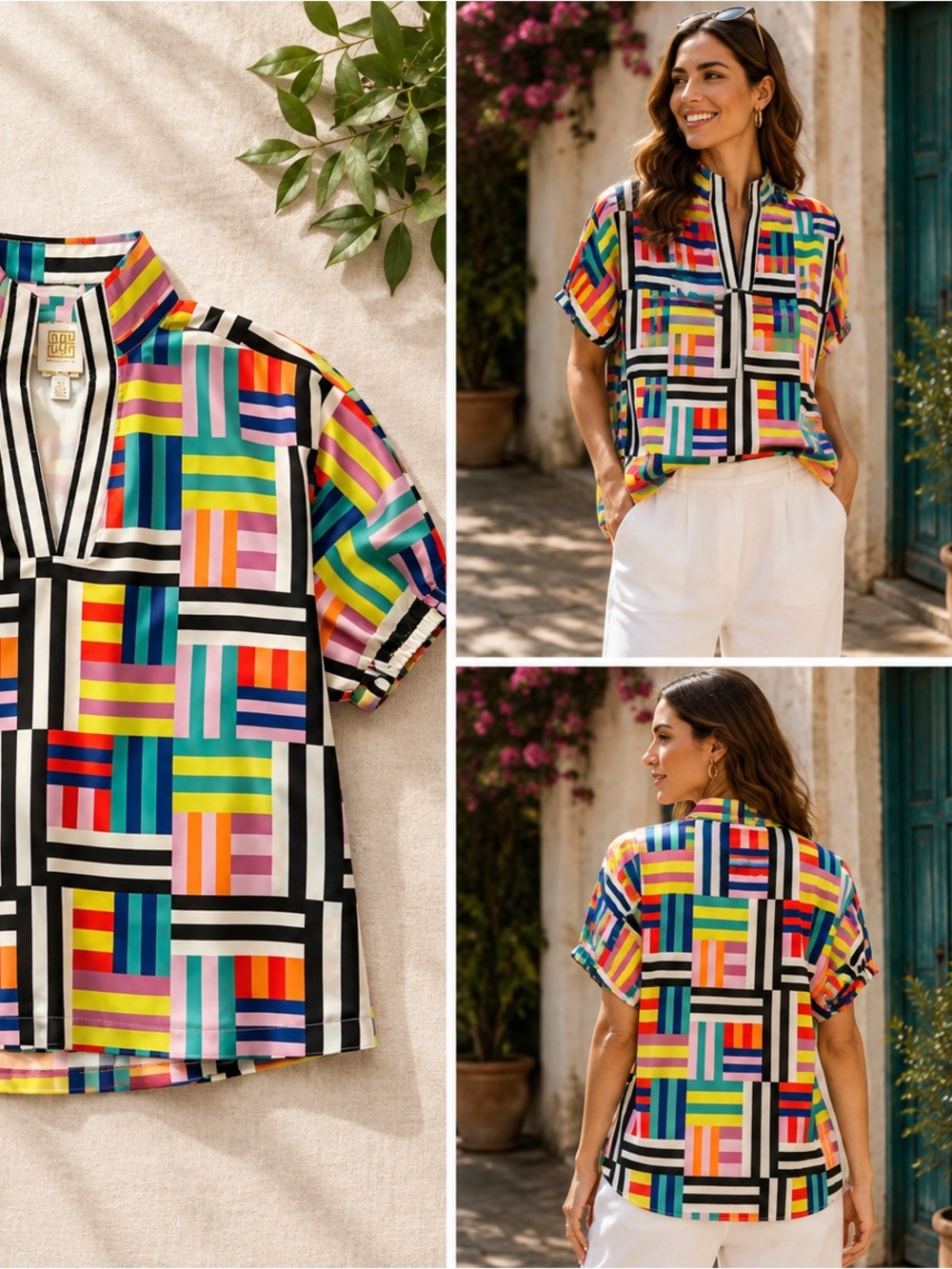 EMILY MCCARTHY - Geometric plaid poppy top Blouse NWOT